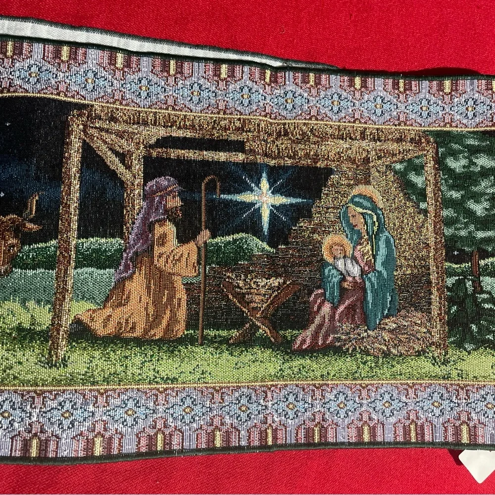 Vintage Christmas Nativity Tapestry Table Runner Manger,wise Men